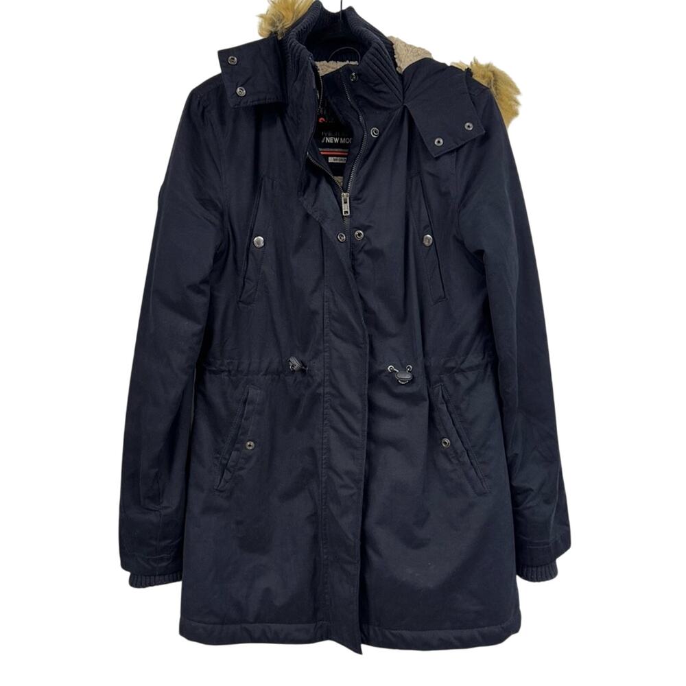Superdry Blue Fur Lined Hooded Parka Coat Jacket Microfiber Womens M Warm Winter